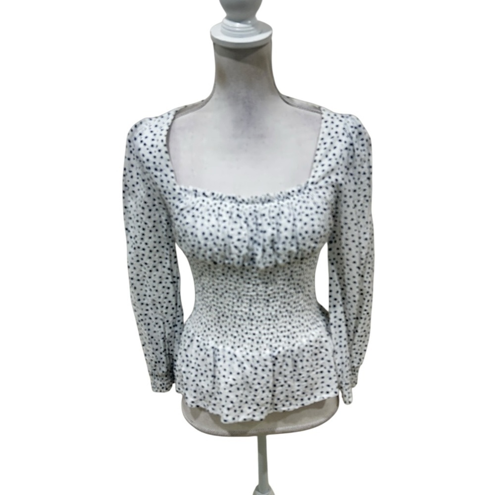 Princess Polly White Peplum Smocked Blouse with Black starburst Print size 4
